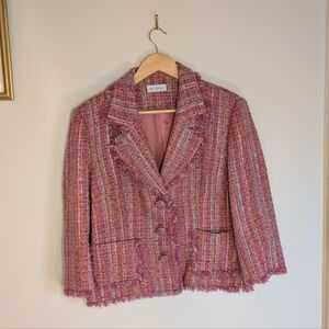 Methode Pink Tweed Blazer Jacket Fringe Bouclé Plaid